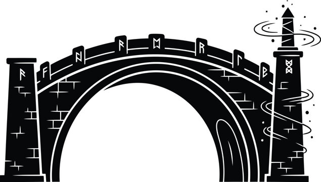Mystic stone arch bridge with viking runes and enchanted tower fantasy vector illustration silhouette