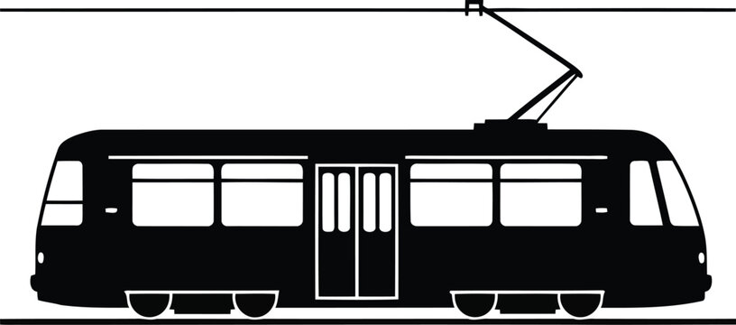 Electric streetcar tramway silhouette vector illustration for city transit and public transport commuting design