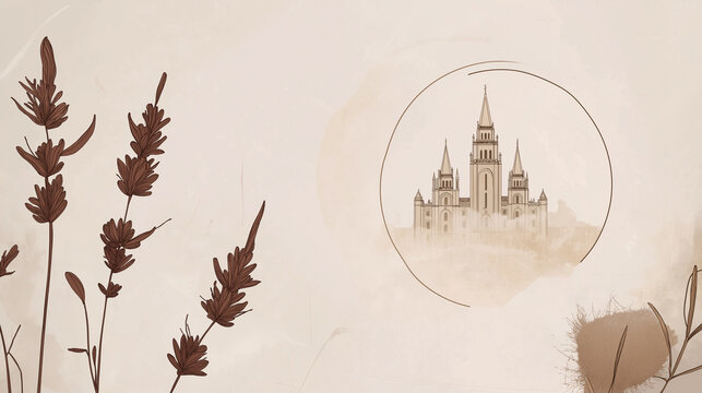 Mormon temple. Beautiful floral illustration for christianity
