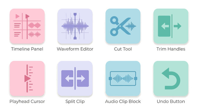 A vector set of editing tools for video production, including timeline panel, waveform editor, cut tool, trim handles, playhead cursor, split clip, audio clip block, and undo button icons.