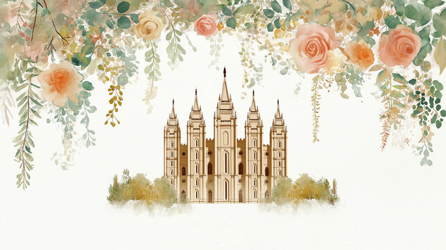 Mormon temple. Beautiful floral illustration for christianity