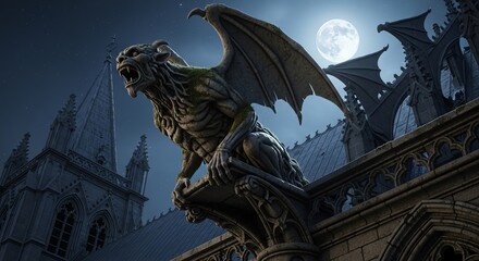Fototapeta premium Gargoyle statue on gothic cathedral under moonlight