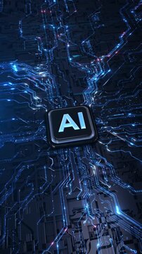 3D Futuristic Artificial intelligence microchip circuit board. AI, data processing, data flow code, neural network science AI assistant, chat bot, generate images, Data Transmission Board Chip Virtua