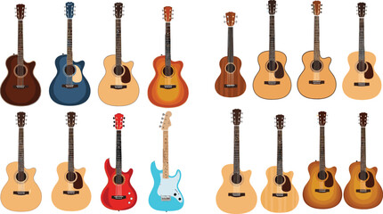 Fototapeta premium Acoustic and Electric Guitar Collection with Musical String Instruments in Various Styles Isolated Vector Design Set