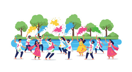 Fototapeta premium Flat illustration of people dancing and throwing colorful powder in a lively outdoor celebration with trees and a blue background.