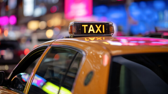 Yellow taxi cab in vibrant city night lights urban scene