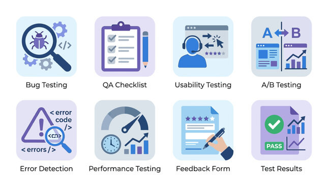 A comprehensive vector set of software testing icons featuring bug testing, QA checklists, usability testing, A/B testing, error detection, performance testing, feedback forms, and test results.