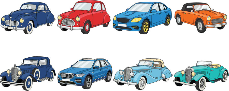 Classic Car Collection Set with Vintage and Modern Convertible Vehicles Vector Illustration Design