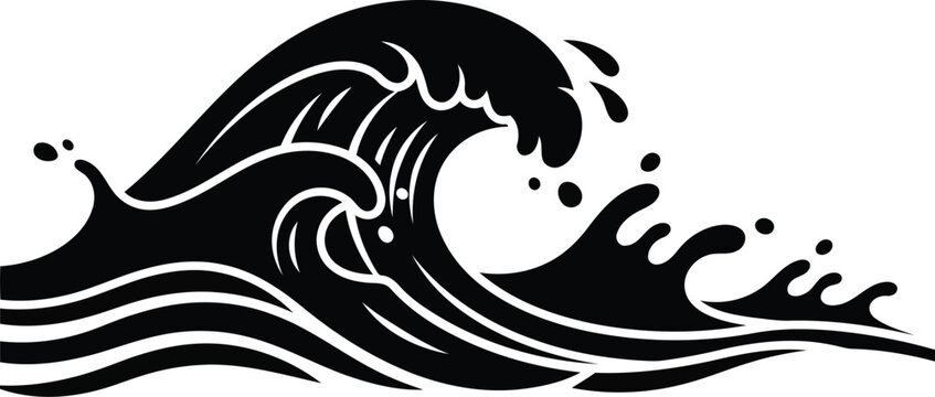 Black silhouette of a crashing ocean wave on white background