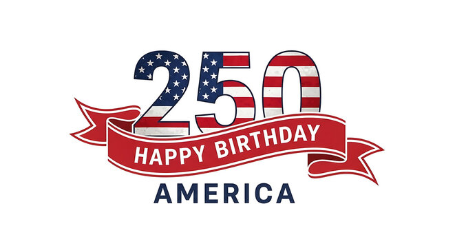 USA Semiquincentennial Celebration Graphic Featuring 250 with American Flag Pattern and Happy Birthday America Ribbon Banner