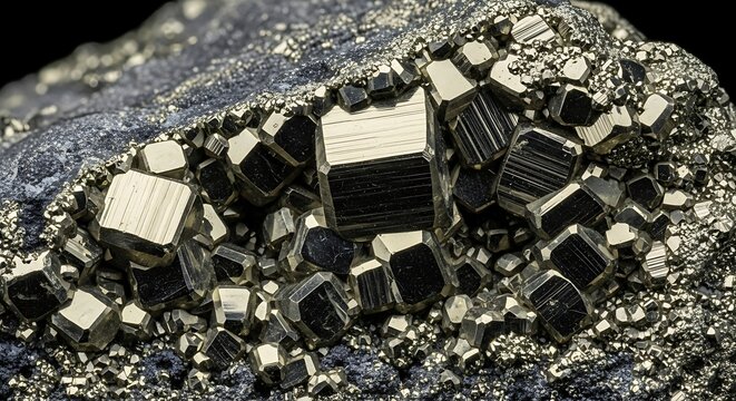 Gleaming, geometric, cubic pyrite crystals embedded in dark, textured host rock against black