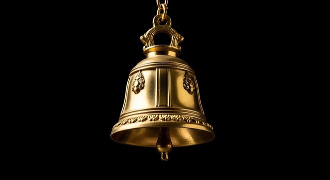 Gleaming, ornate brass bell suspended by a chain, set against a stark, black background
