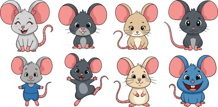Cute Mouse Cartoon Collection with Adorable Little Mice Characters in Different Colors and Poses Vector Design Set