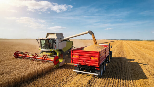 Harvesting wheat field with combine harvester and red grain truck in countryside landscape