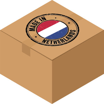 Brown cardboard box with made in netherlands stamp