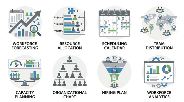 Vector set of business planning icons including workforce forecasting, resource allocation, scheduling calendar, and team distribution illustrations for organizational management.