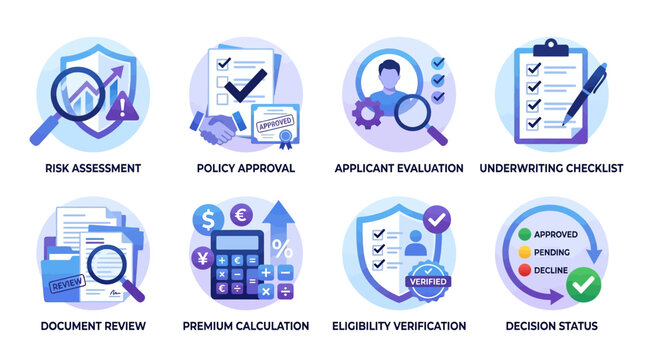 A vector set of insurance icons depicting various processes including risk assessment, policy approval, and eligibility verification in a business environment with illustrations.