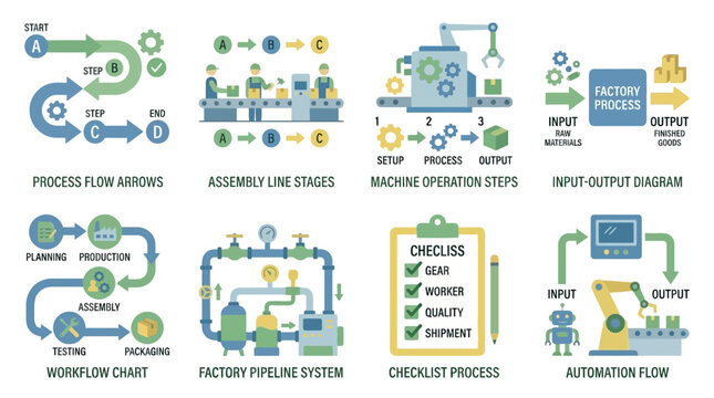 A vector set of industrial process diagrams showcasing various workflow and automation elements including process flow arrows and assembly line stages.