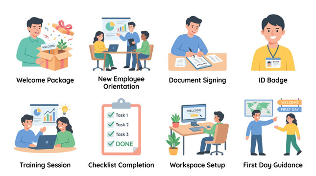 New employee onboarding process vector set with welcome package, document signing, and workspace setup illustrations