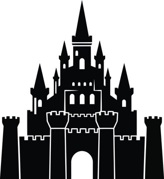black silhouette of a medieval fantasy castle with towers and battlements on white background