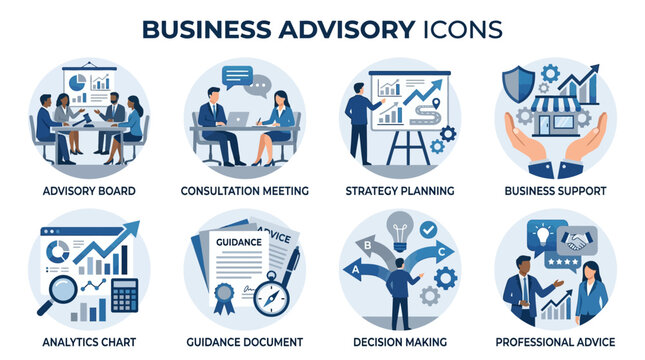 Business advisory icons vector set for strategy planning and professional advice in a modern office environment with people working together.