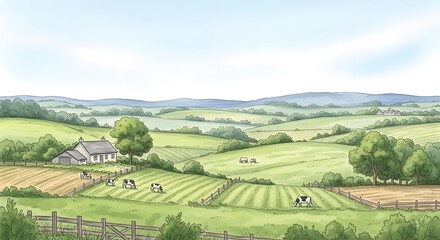 Obraz premium A serene countryside landscape with a farmhouse and rolling hills
