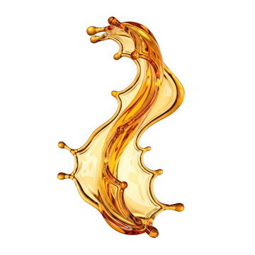 Dynamic golden liquid splash in a curved wave shape with flying droplets and ripples