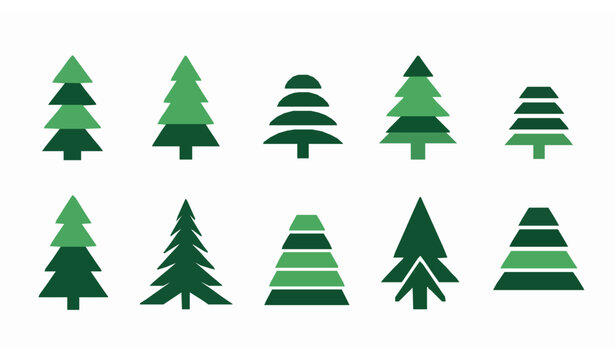 Minimal geometric pine tree set vector abstract conifer forest icon collection