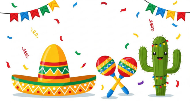 Vibrant mexican fiesta elements with sombrero maracas and cactus on white background with colorful confetti and banners
