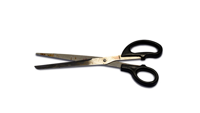 Old Used Universal Scissors with Black Handles Isolated on Transparent Background