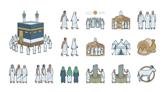 Flat line hajj pilgrimage vector icons with kaaba, ihram pilgrims, arafat mount, mina tents, jamarat stoning, and animal sacrifice for islamic religious holy travel illustration.