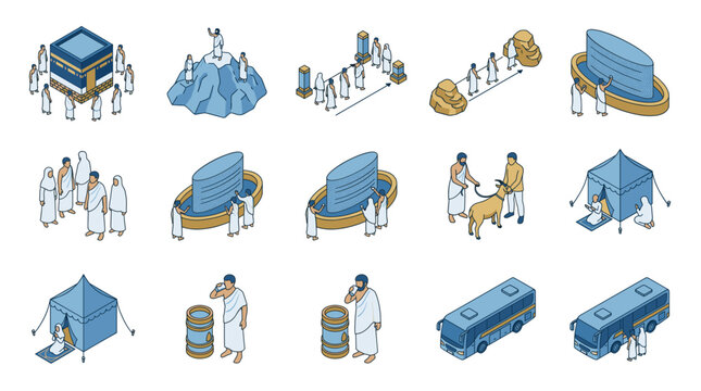 Isometric hajj pilgrimage vector icons set with kaaba tawaf, jamarat stoning, safa marwah, arafat mountain, mina tent, animal sacrifice and zamzam for islamic holy journey design.