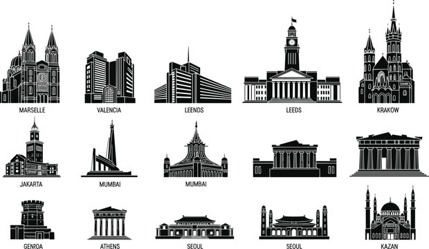 Set of stylized building icons from various cities around the world.