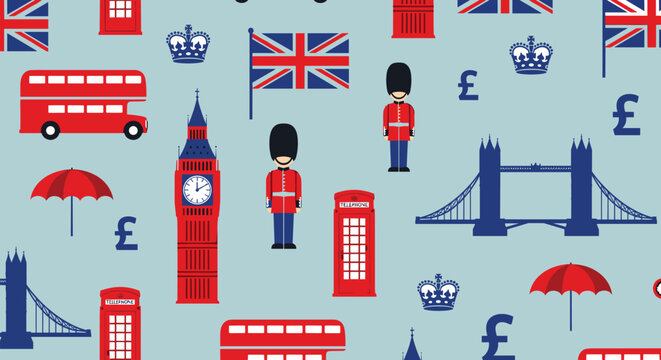 Seamless pattern of london symbols like big ben telephone box double decker bus.