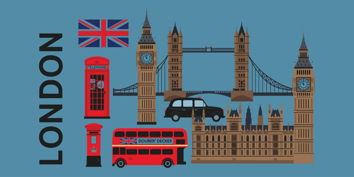 London icons including union jack flag red telephone box big ben tower bridge and bus vector illustration.