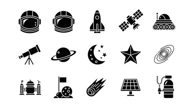 A collection of black silhouette icons related to space and astronomy objects