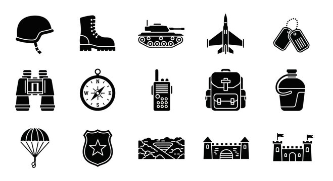 Black and white icons depicting military gear navigation tools and fortifications