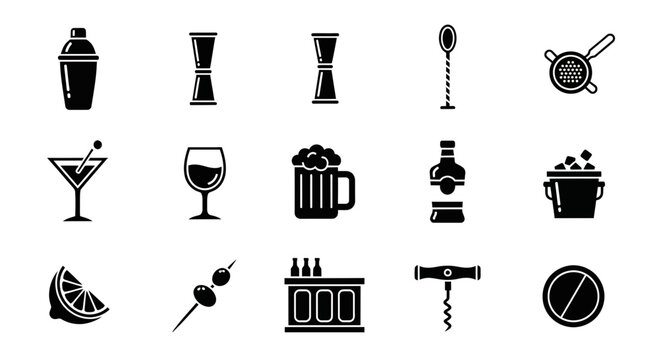 Black and white icons representing bartending tools drinks and bar accessories