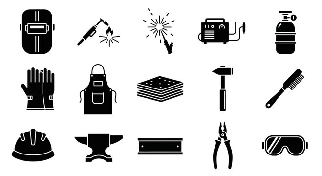 Black and white icons representing welding tools and safety equipment