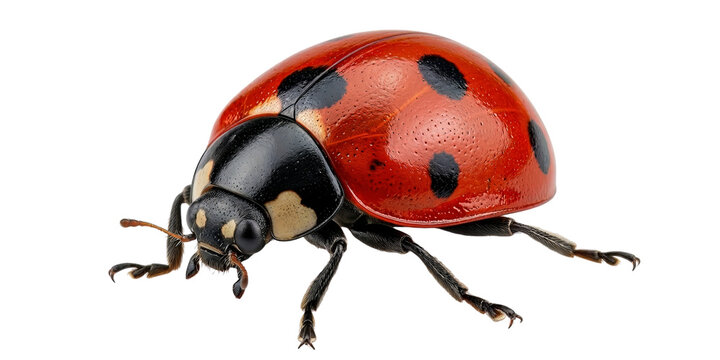 A close-up, detailed macro photograph of a vibrant red ladybug with black spots isolated on a pure white background, showcasing its intricate exoskeleton and tiny legs