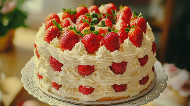 Round cake covered in fluffy white cream and abundant fresh red strawberries, elegantly displayed on a decorative stand