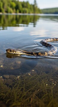 Northern Water Snake Swimming in Lake, Close-Up View.
