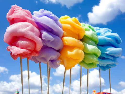 Row of vibrant, fluffy, rose-shaped treats on sticks against a bright blue sky with white clouds