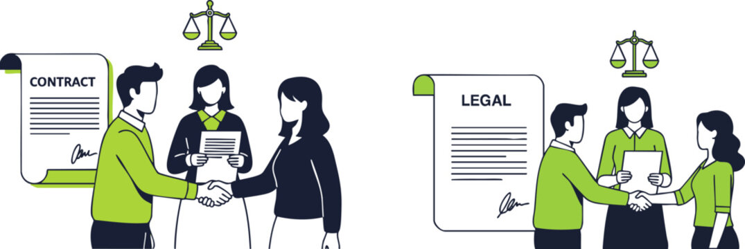 Vector illustration of business professionals shaking hands, finalizing a legal contract or agreement with a lawyer present.