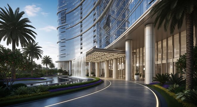 Modern luxury hotel exterior with columns.