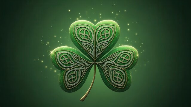 Enchanting sparkling green shamrock with intricate celtic knotwork design for good fortune