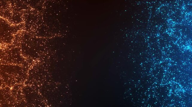 Abstract composition Glitter Particle Split fire and ice background. golden blue glitter particles forming split design dark contrast depth. luxury , dual concepts backgrounds. VS bar Vertical A Fast