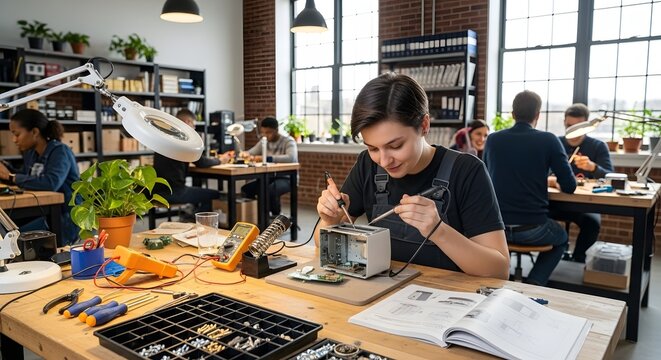 Young Woman Soldering Electronics in a Modern Workshop, Repairing an Appliance with Precision and Focus