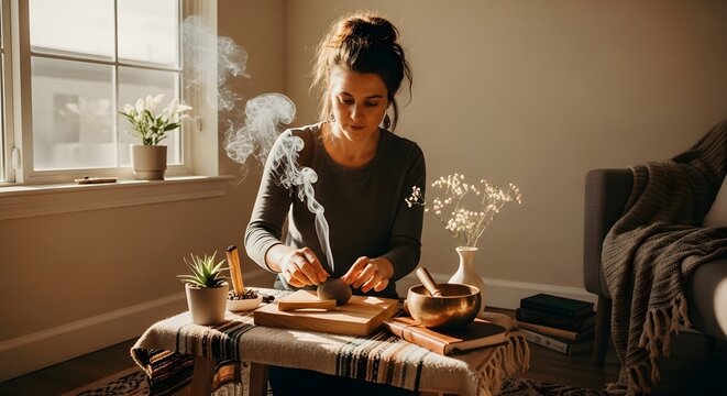 Young Woman Practicing Mindful Wellness Ritual with Palo Santo and Singing Bowl in a Cozy, Sunlit Home