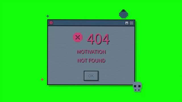 404 Error Page Illustration Featuring 'Motivation Not Found' Text and a Skull Icon on a Vibrant Green Background